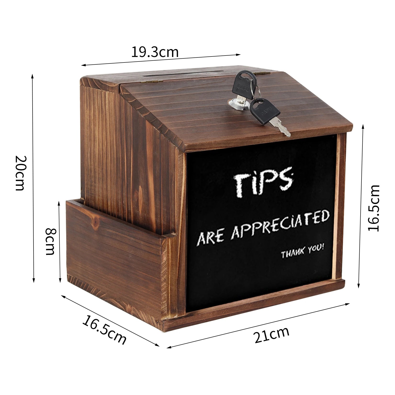 Rustic Brown Wooden Suggestion Box with Lock and Wipe-able Blackboard, perfect for cafes and restaurants.