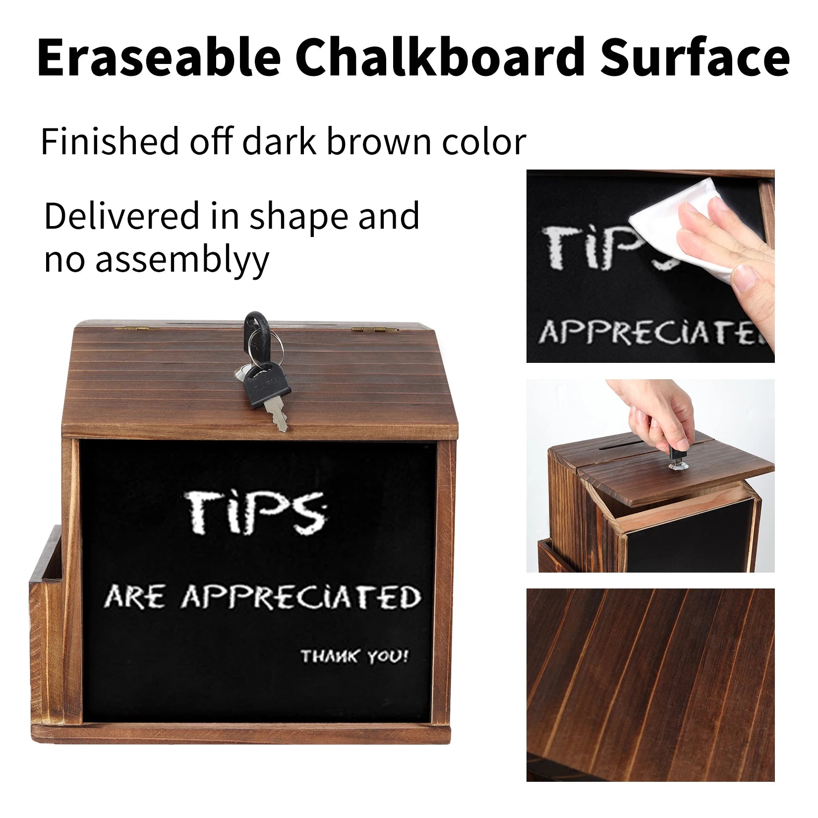 Rustic Brown Wooden Suggestion Box with Lock and Wipe-able Blackboard, perfect for cafes and restaurants.