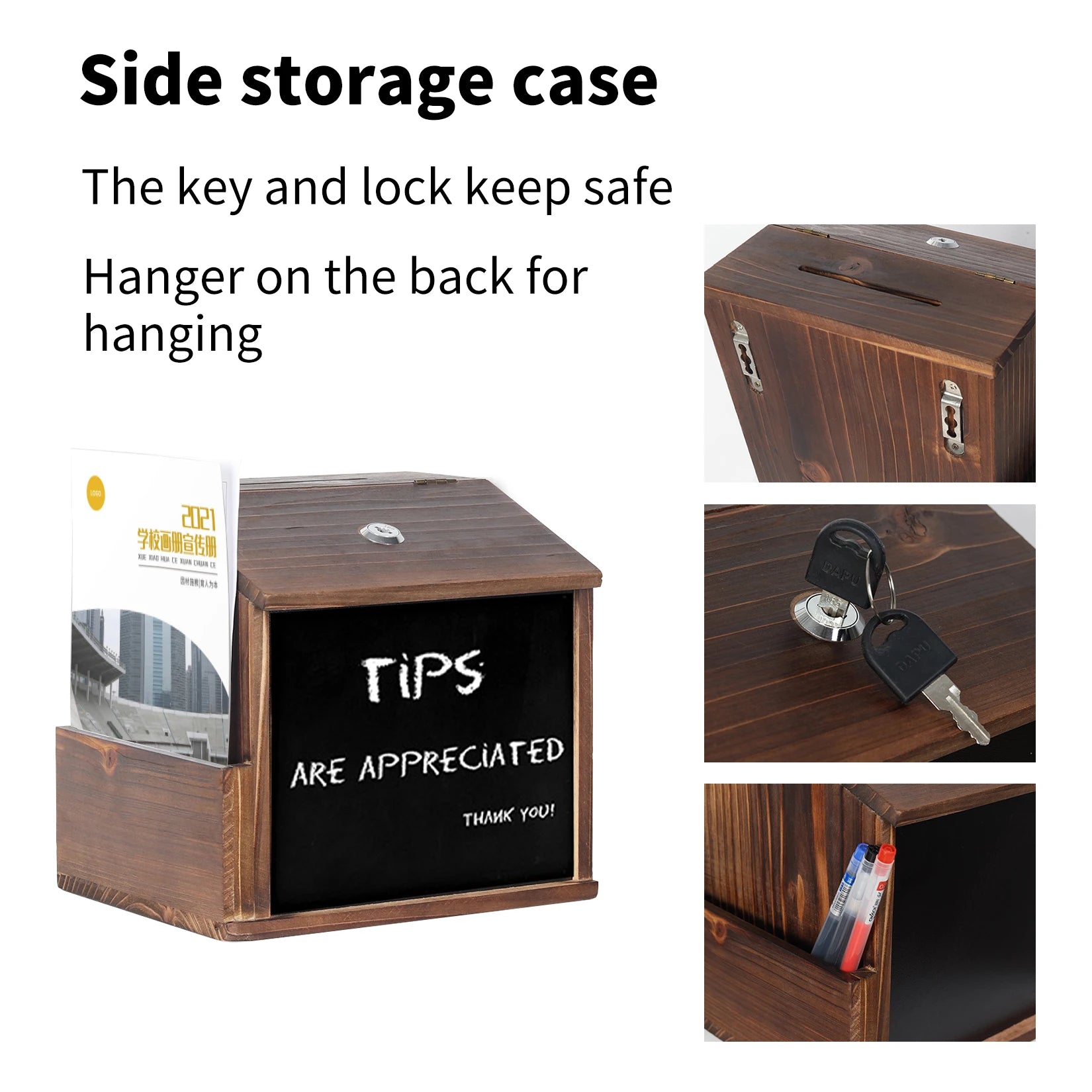 Rustic Brown Wooden Suggestion Box with Lock and Wipe-able Blackboard, perfect for cafes and restaurants.