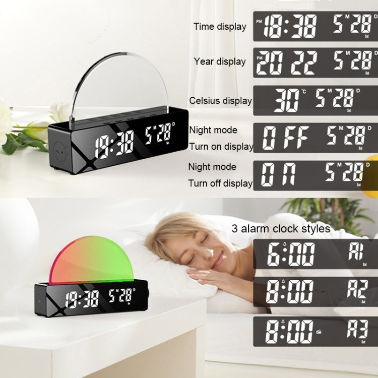 S286 Sunset Light LED Digital Display Electronic Clock with RGB lighting and mirror design.