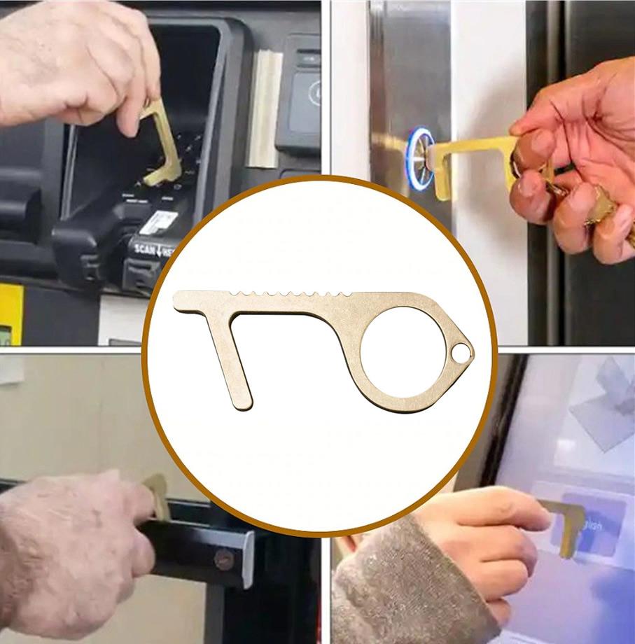 Safe Touch N Go Key contactless tool in Gold and Silver, designed for opening doors and using touchscreens without direct contact.