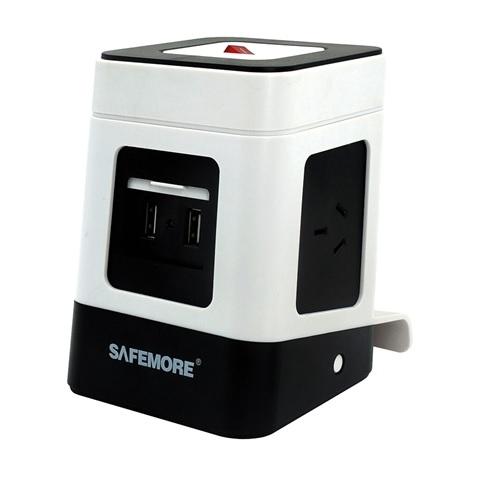 SAFEMORE Single Level VPS Minio Power Stackr with 3 outlets and 2 USB ports, featuring a sleek design suitable for home or office use.