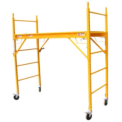 Safety Scaffolding Ladder - 450KG with adjustable height and lockable wheels, showcasing its sturdy steel construction and safety features.