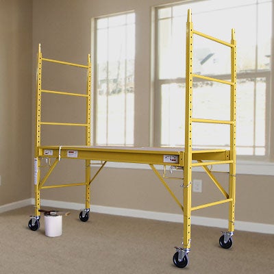 Safety Scaffolding Ladder - 450KG with adjustable height and lockable wheels, showcasing its sturdy steel construction and safety features.