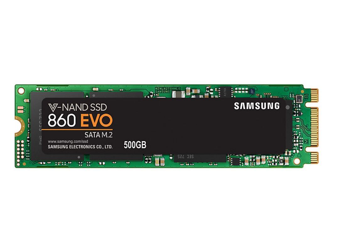 Samsung 860 EVO M.2 500GB SSD with V-NAND technology, showcasing its sleek design and compact M.2 (2280) form factor.