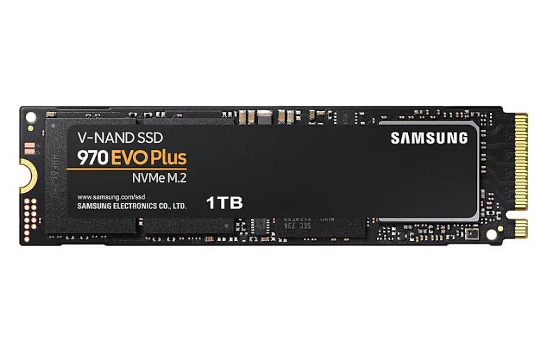 SAMSUNG 970 EVO PLUS M.2 1TB SSD showcasing its sleek design and compact M.2 form factor, ideal for high-performance computing.