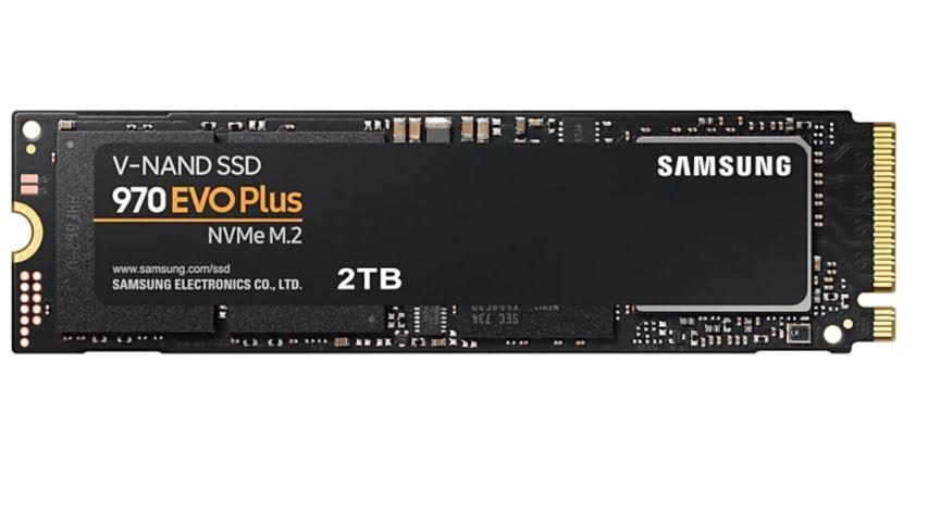 SAMSUNG 970 EVO PLUS M.2 2TB NVMe SSD showcasing its sleek design and compact M.2 form factor.