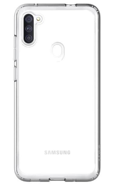 SAMSUNG Clear Back Cover Case for Galaxy A11, showcasing its flexible TPU material and precise cutouts for buttons and ports.