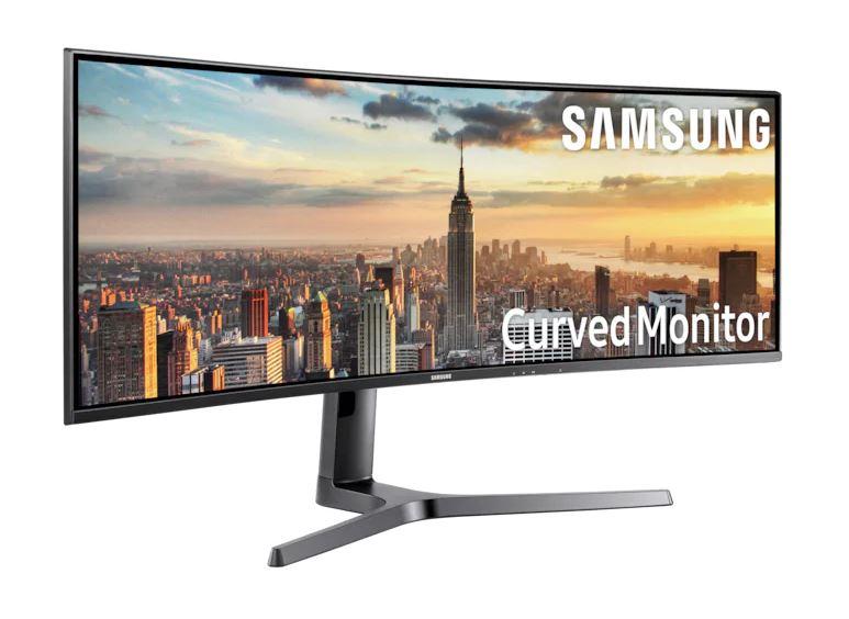 SAMSUNG CJ89 43' Curved Monitor showcasing its ultra-wide 3840x1200 resolution and ergonomic design with adjustable stand.