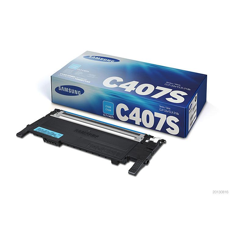 SAMSUNG CLTC407S Cyan Toner cartridge with vibrant cyan color, designed for high-quality printing.