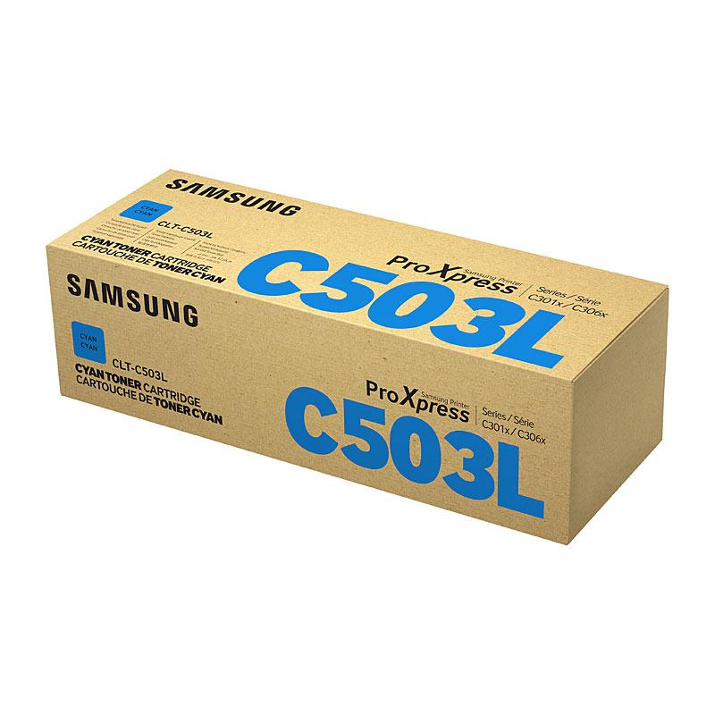 SAMSUNG CLTC503L Cyan Toner cartridge, designed for high-quality printing with vibrant color output.