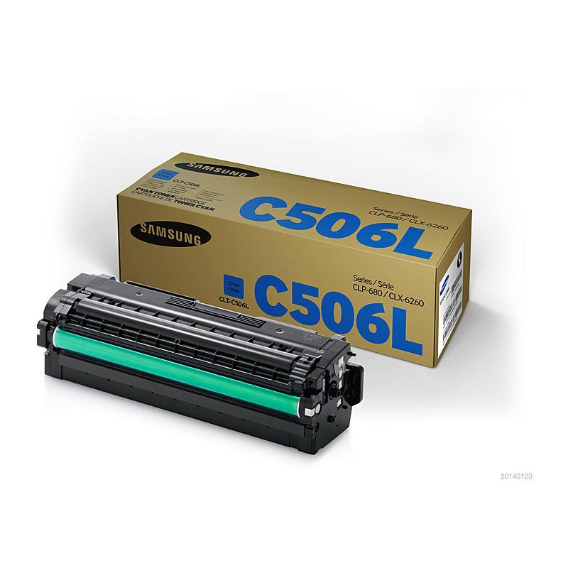 SAMSUNG CLTC506L Cyan Toner cartridge, vibrant cyan color, designed for Samsung printers.