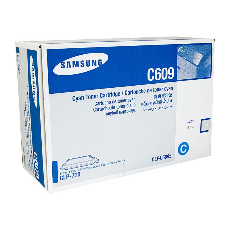 SAMSUNG CLTC609S Cyan Toner cartridge, designed for high-quality printing with a yield of 7,000 pages, compatible with Samsung CLP 770ND and 775ND printers.