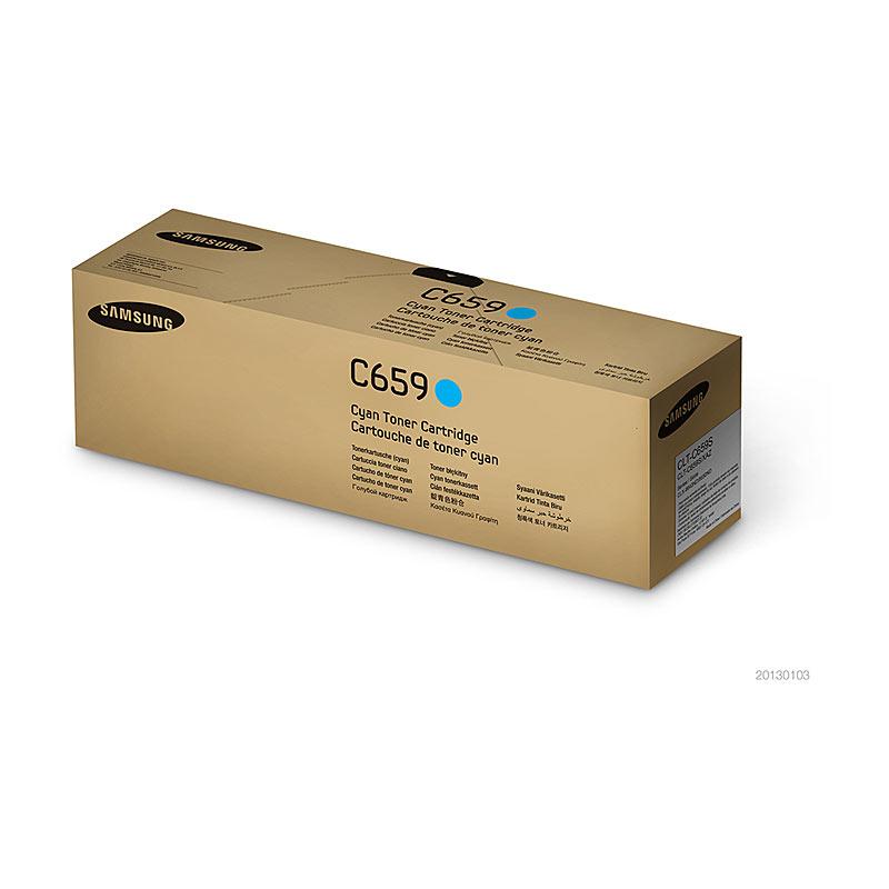 SAMSUNG CLTC659S Cyan Toner cartridge with vibrant cyan color, designed for high-quality printing.