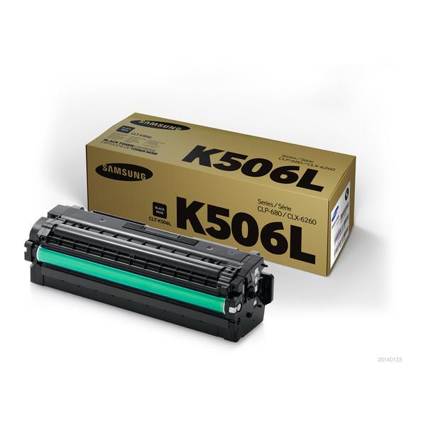 Samsung CLT-K506 Original Black toner cartridge, showcasing its sleek design and packaging.