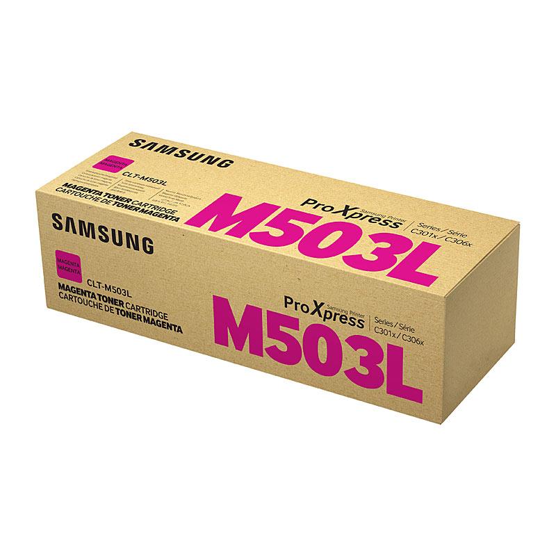 SAMSUNG CLTM503L Magenta Toner cartridge showcasing vibrant magenta color and packaging details.