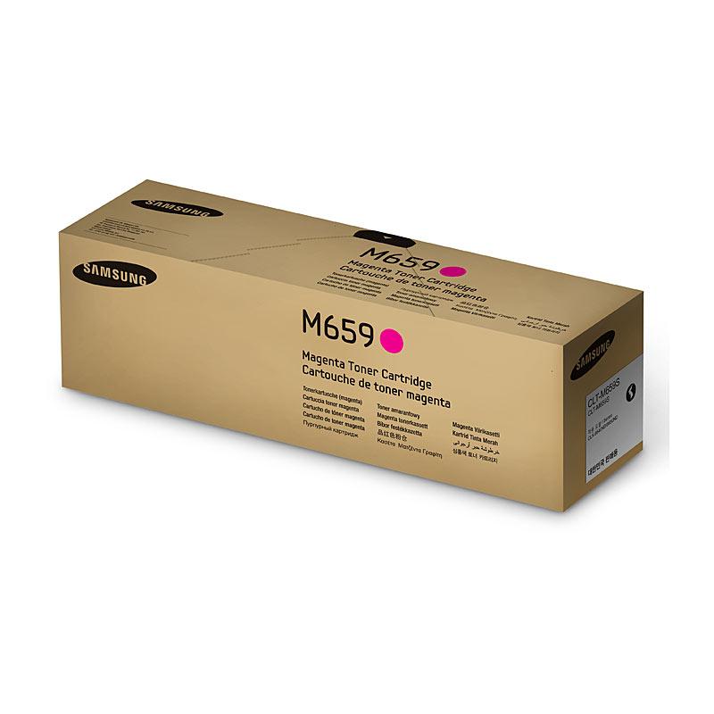 SAMSUNG CLTM659S Magenta Toner cartridge showcasing vibrant magenta color and packaging details.