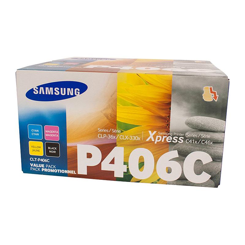 SAMSUNG CLTP406C Value Pack featuring black and color toner cartridges for Samsung printers.