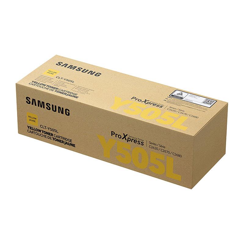 SAMSUNG CLTY505L Yellow Toner cartridge with packaging, showcasing its vibrant yellow color and branding.