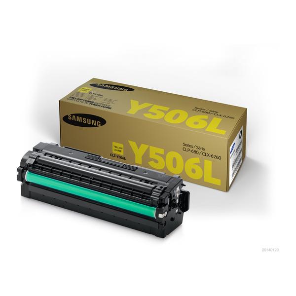 Samsung CLT-Y506 Original Yellow toner cartridge, showcasing its vibrant yellow color and sleek design, ideal for compatible printers.