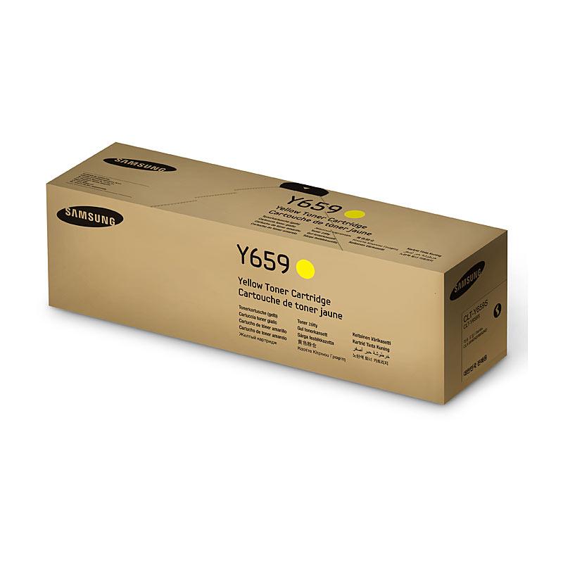 SAMSUNG CLTY659S Yellow Toner cartridge with packaging, showcasing its vibrant yellow color and branding.