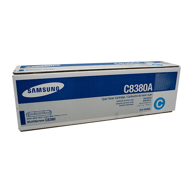 SAMSUNG CLXC8380A Cyan Toner cartridge, designed for Samsung CLX 8380 printer, showcasing vibrant cyan color.