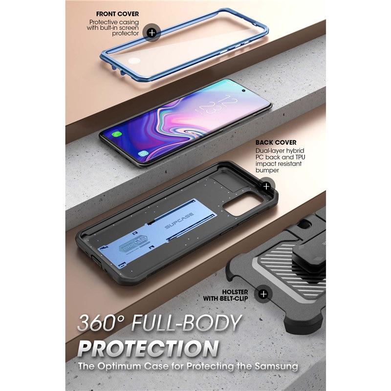 Samsung Galaxy S20 Plus UB Pro case with built-in screen protector, showcasing rugged design and kickstand feature.