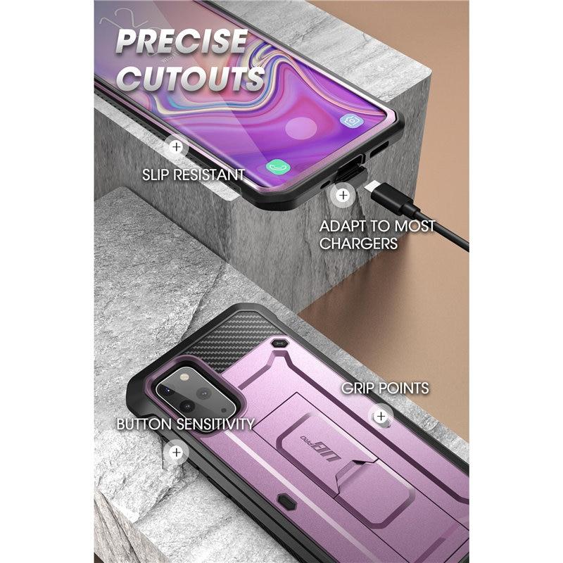 Samsung Galaxy S20 Plus UB Pro case with built-in screen protector, showcasing rugged design and kickstand feature.