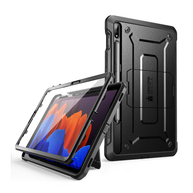 Samsung Galaxy Tab S7 UB Pro Full-Body Rugged Case in black, featuring a built-in screen protector and kickstand for enhanced protection and functionality.