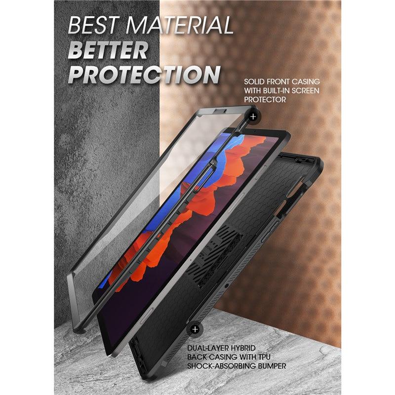 Samsung Galaxy Tab S7 UB Pro Full-Body Rugged Case in black, featuring a built-in screen protector and kickstand for enhanced protection and functionality.