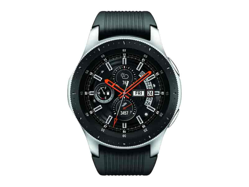 SAMSUNG GALAXY WATCH in silver color with a 1.3' Super AMOLED display, showcasing its sleek design and advanced features.