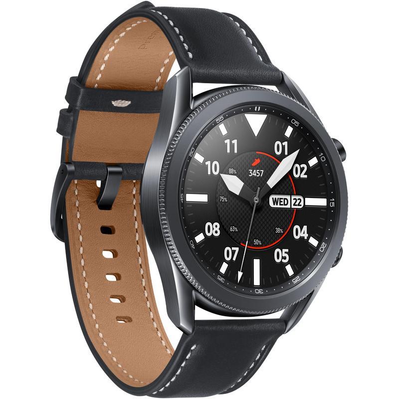 SAMSUNG Galaxy Watch3 Bluetooth in Mystic Black with a 1.4-inch Super AMOLED display, showcasing its sleek design and advanced features.