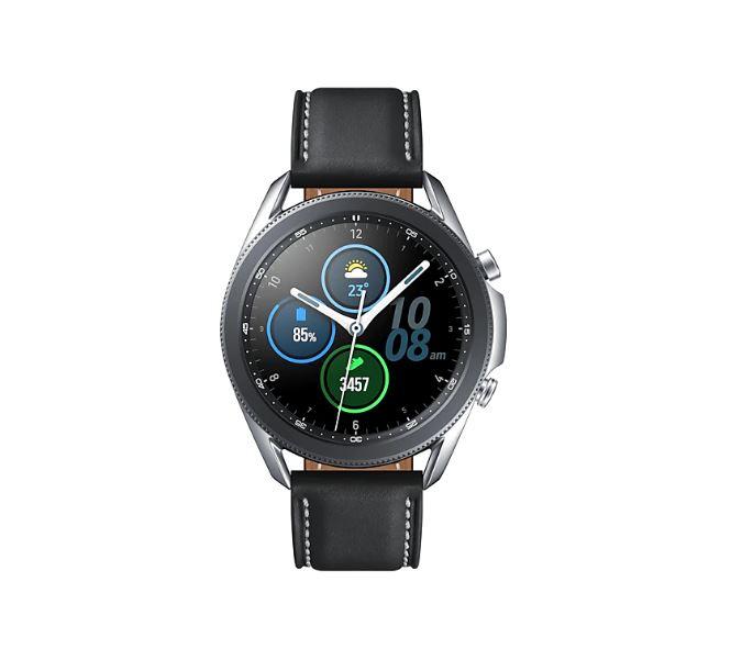 SAMSUNG Galaxy Watch3 Bluetooth in Mystic Silver with a 1.4-inch Super AMOLED display, showcasing its sleek design and advanced features.