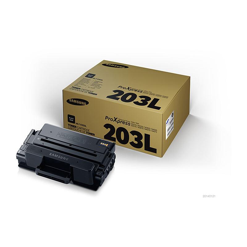 SAMSUNG MLTD203L HY Toner cartridge in black, designed for high-quality printing with a yield of 5,000 pages, compatible with multiple Samsung printers.