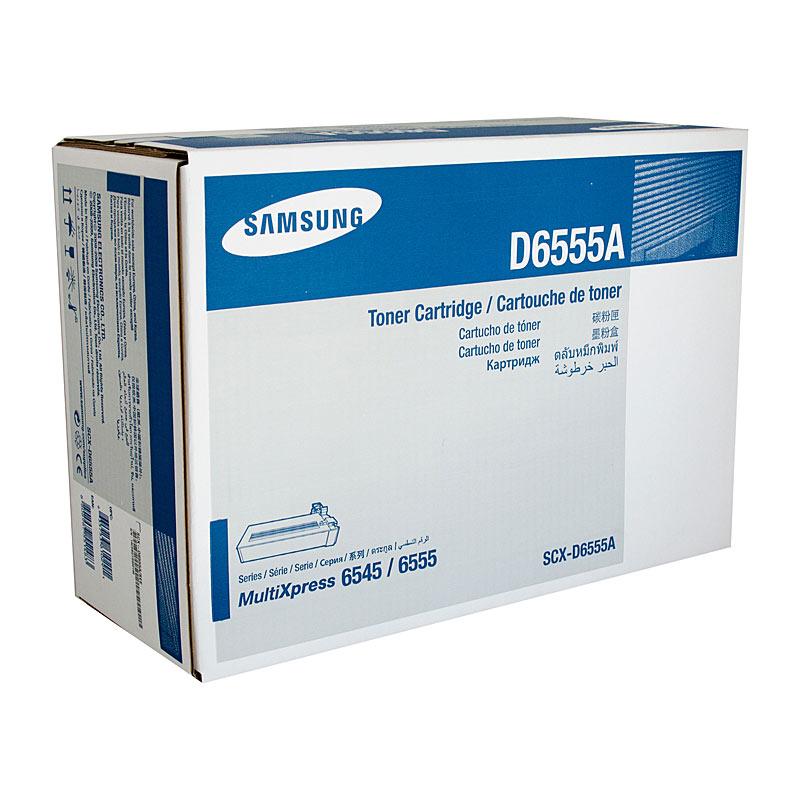 SAMSUNG SCXD6555A Toner cartridge in packaging, showcasing its premium quality and design.