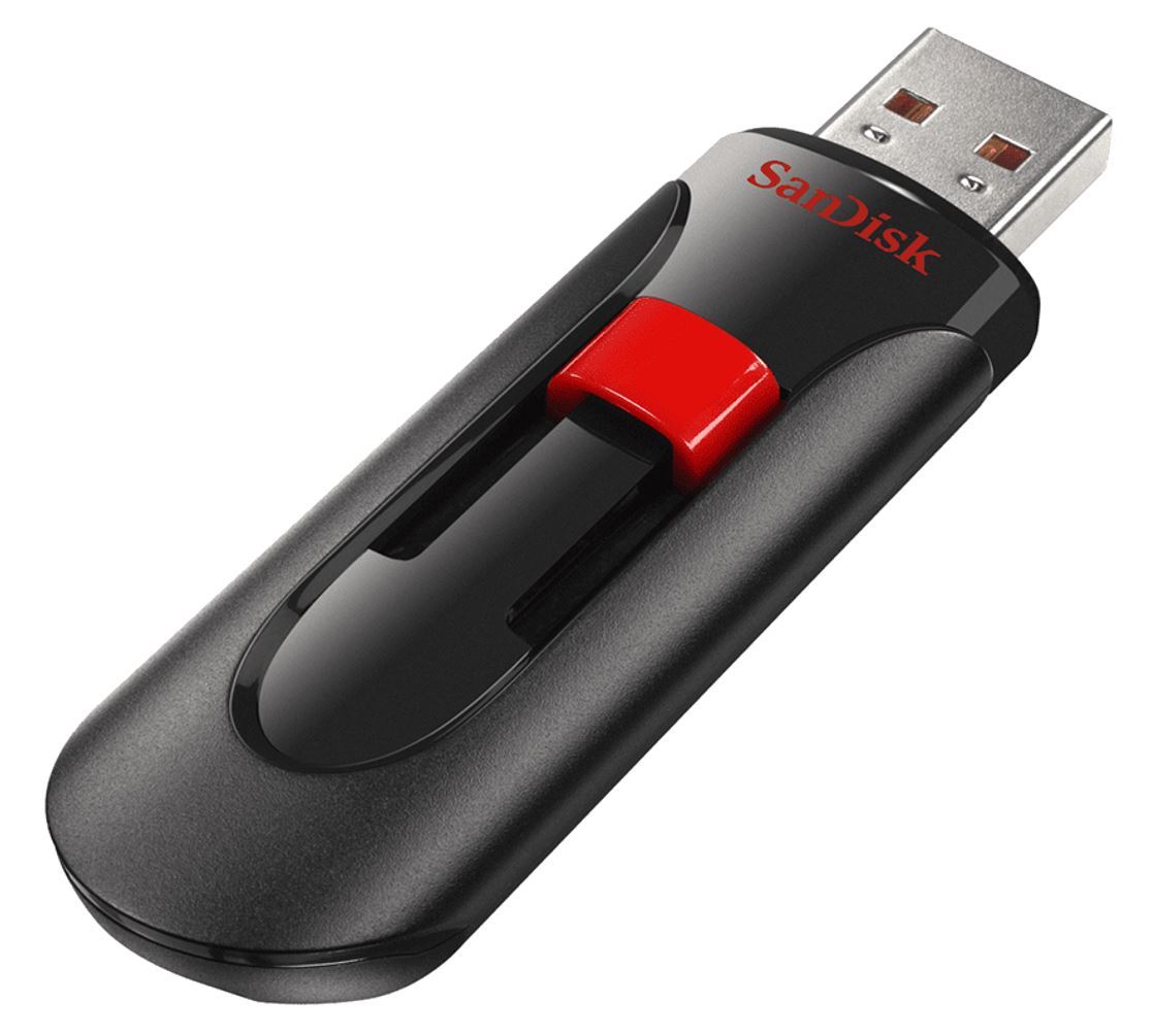 SANDISK 128GB Cruzer Glide USB3.0 Flash Drive with retractable connector in black and red design.