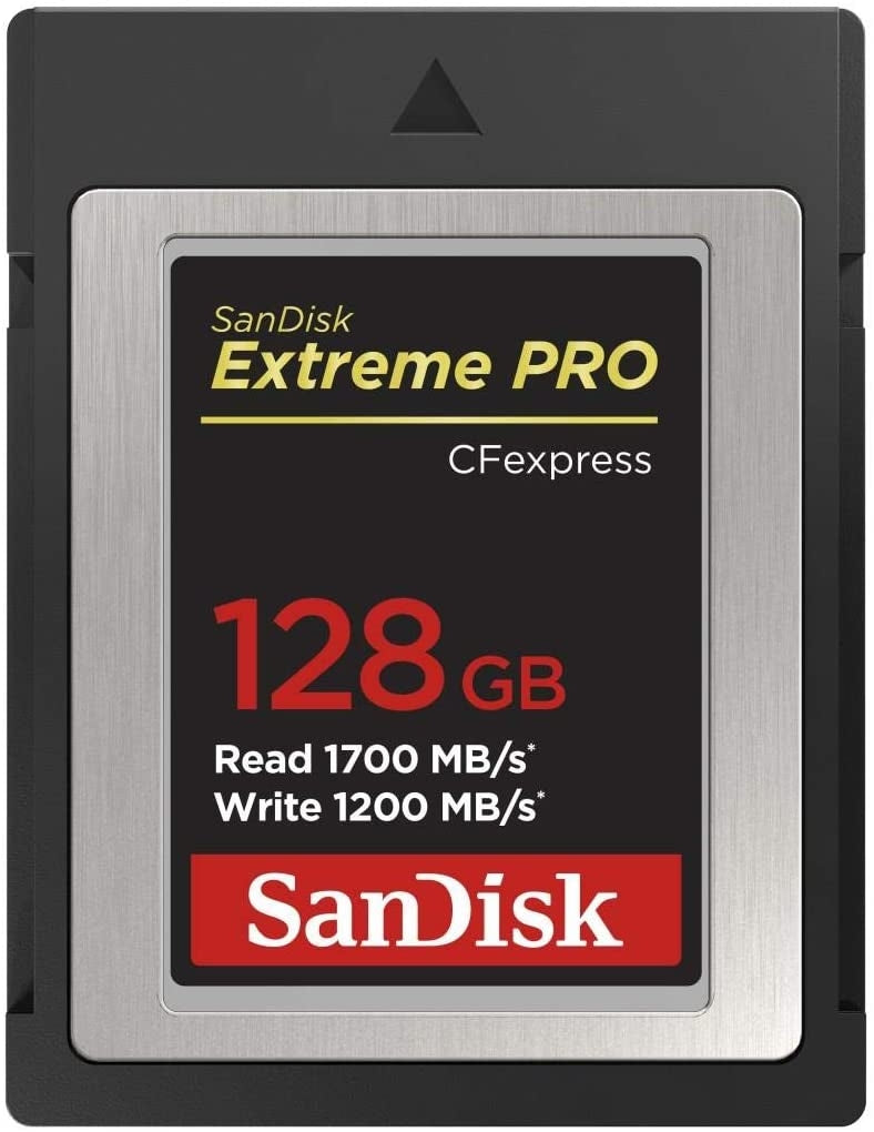 SanDisk 128GB Extreme PRO CFexpress Card Type B, showcasing its compact design and high-performance specifications for professional video and photography.