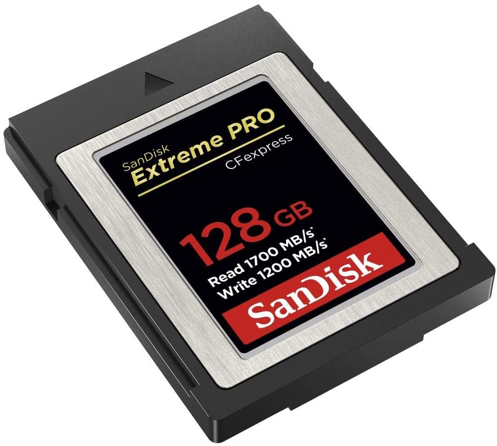 SanDisk 128GB Extreme PRO CFexpress Card Type B, showcasing its compact design and high-performance specifications for professional video and photography.