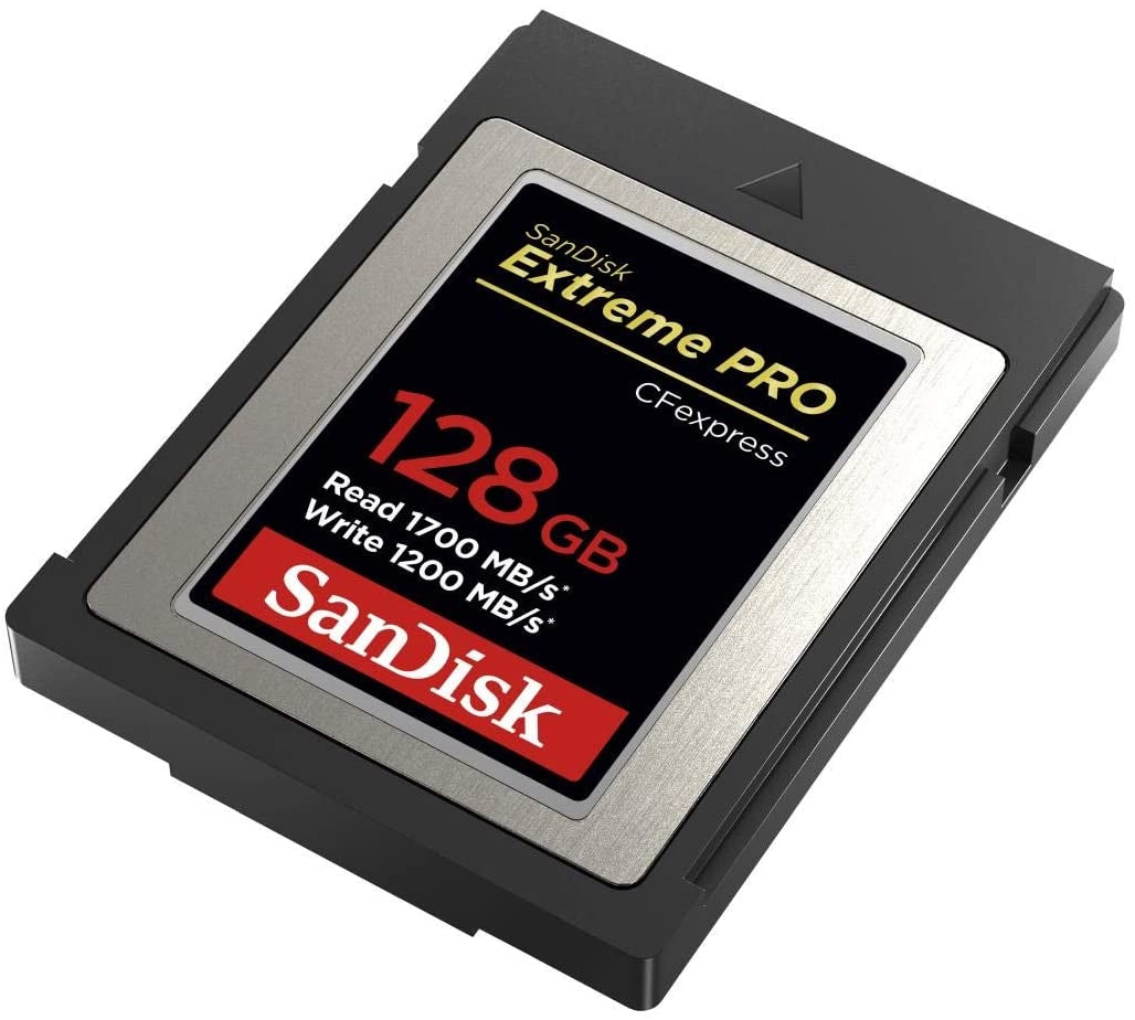 SanDisk 128GB Extreme PRO CFexpress Card Type B, showcasing its compact design and high-performance specifications for professional video and photography.