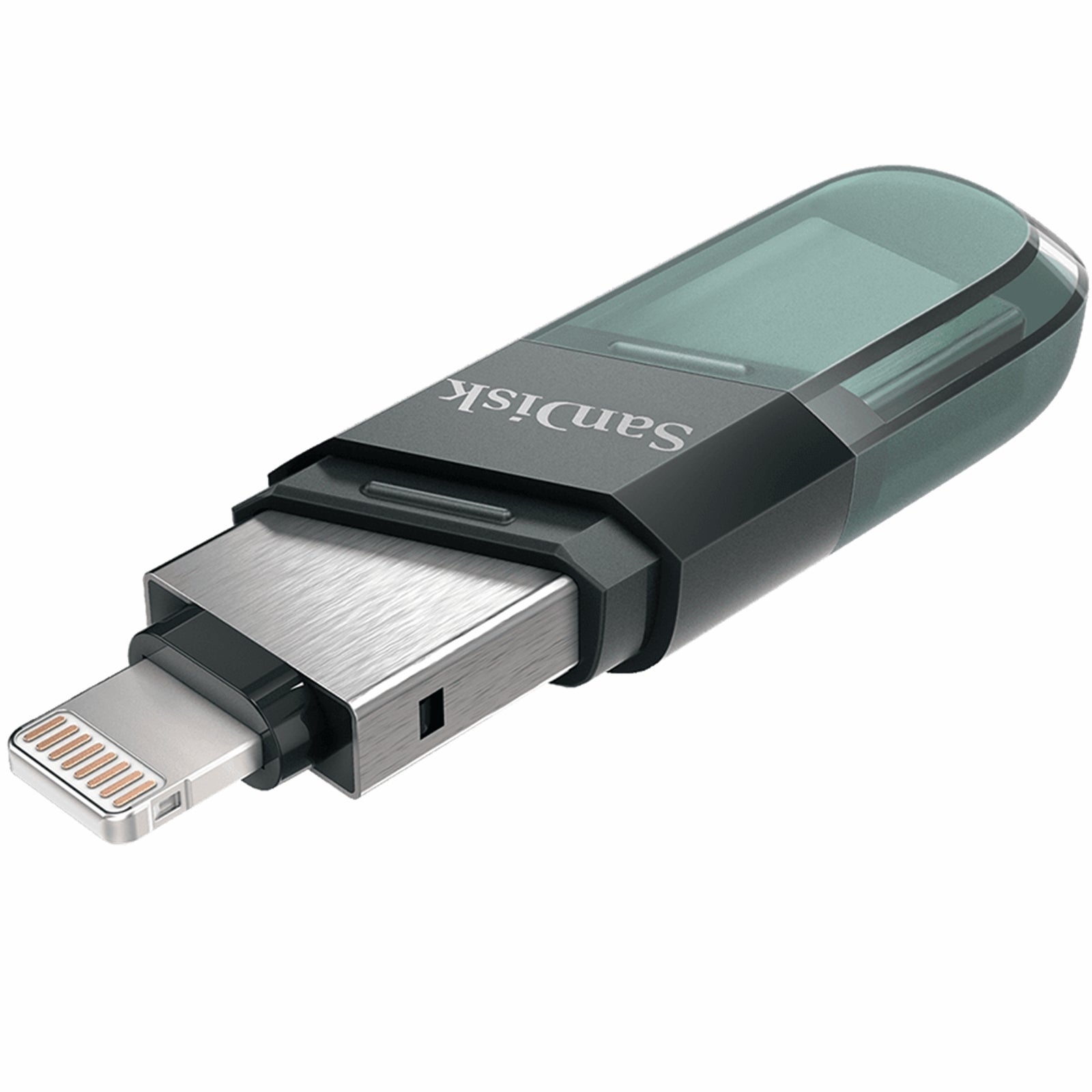 SanDisk 128GB iXpand Flash Drive Flip with dual connectors for iPhone and USB Type-A, featuring a protective flip cap.