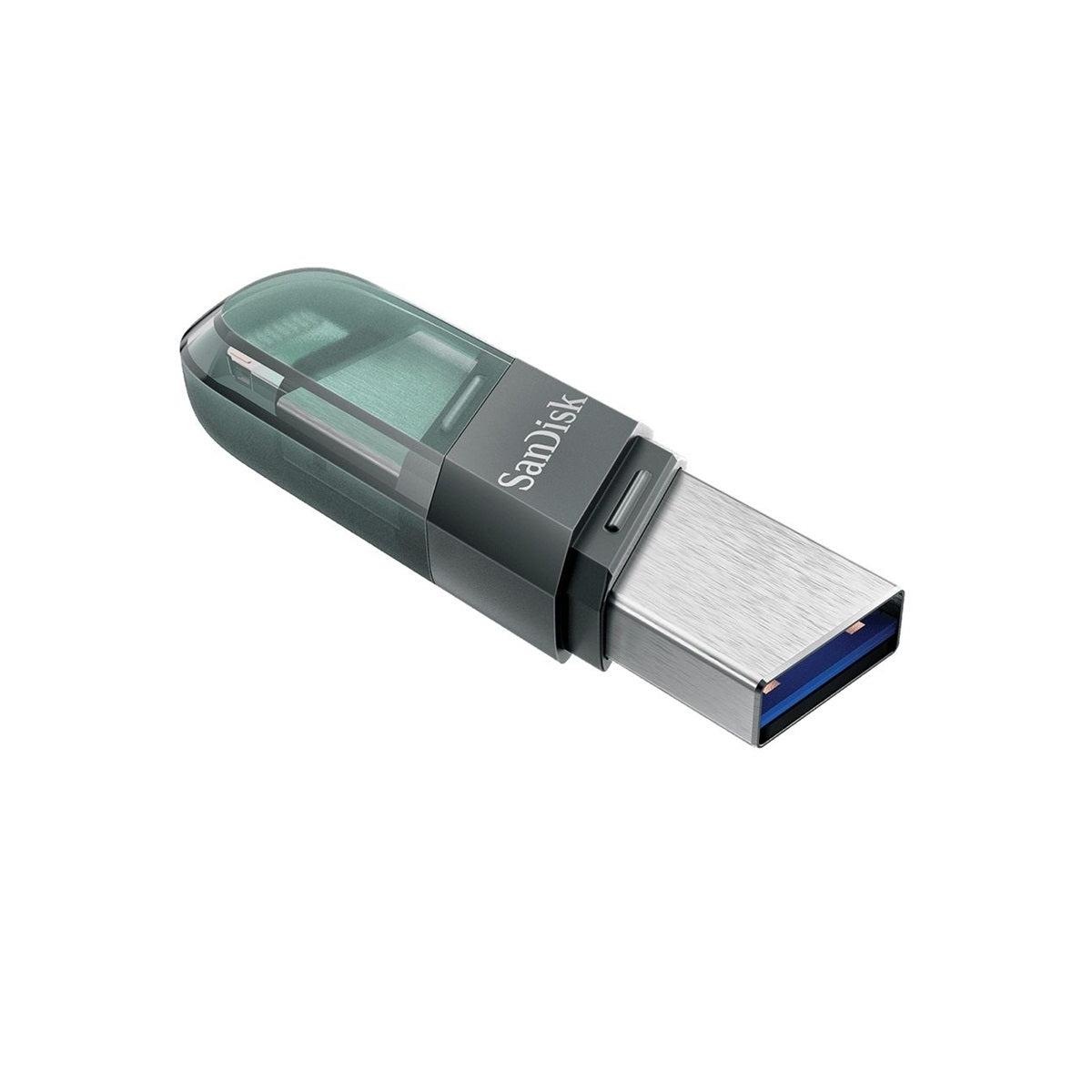 SanDisk 128GB iXpand Flash Drive Flip with dual connectors for iPhone and USB Type-A, featuring a protective flip cap.