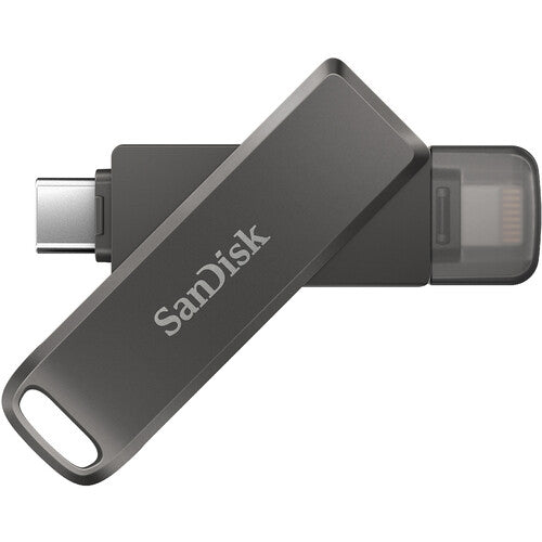 SanDisk 128GB iXpand Flash Drive Luxe with dual connectors for iPhone and USB Type-C devices, featuring a stylish swivel design.