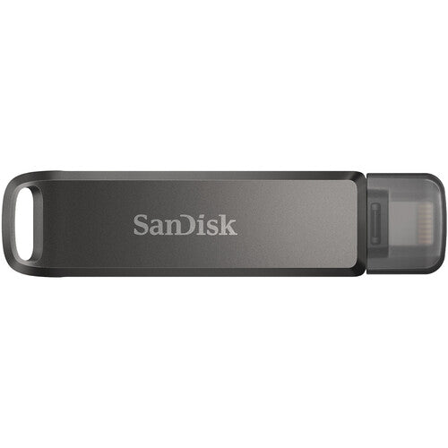 SanDisk 128GB iXpand Flash Drive Luxe with dual connectors for iPhone and USB Type-C devices, featuring a stylish swivel design.