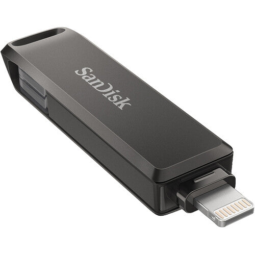 SanDisk 128GB iXpand Flash Drive Luxe with dual connectors for iPhone and USB Type-C devices, featuring a stylish swivel design.