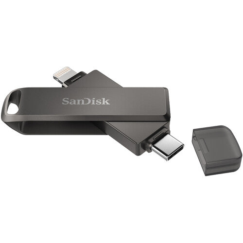 SanDisk 128GB iXpand Flash Drive Luxe with dual connectors for iPhone and USB Type-C devices, featuring a stylish swivel design.