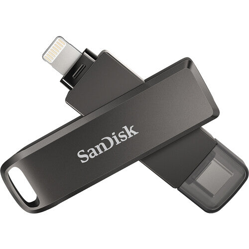 SanDisk 128GB iXpand Flash Drive Luxe with dual connectors for iPhone and USB Type-C devices, featuring a stylish swivel design.