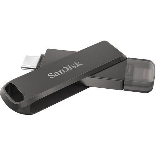 SanDisk 128GB iXpand Flash Drive Luxe with dual connectors for iPhone and USB Type-C devices, featuring a stylish swivel design.