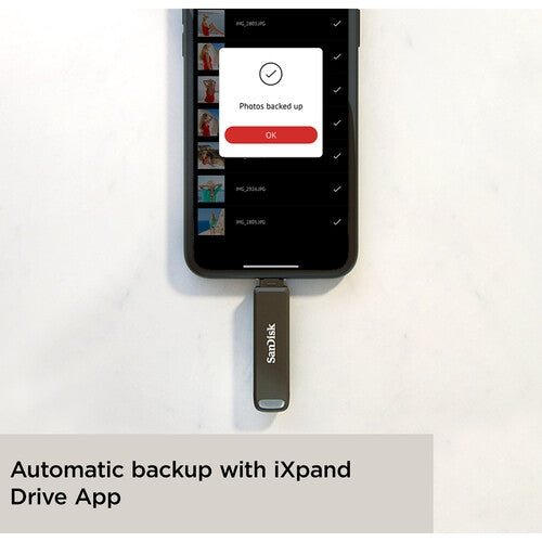 SanDisk 128GB iXpand Flash Drive Luxe with dual connectors for iPhone and USB Type-C devices, featuring a stylish swivel design.