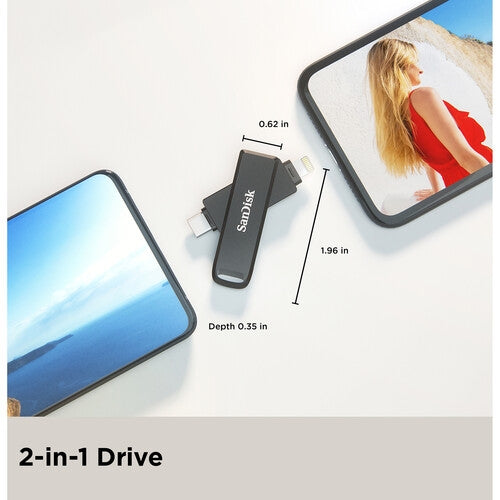 SanDisk 128GB iXpand Flash Drive Luxe with dual connectors for iPhone and USB Type-C devices, featuring a stylish swivel design.