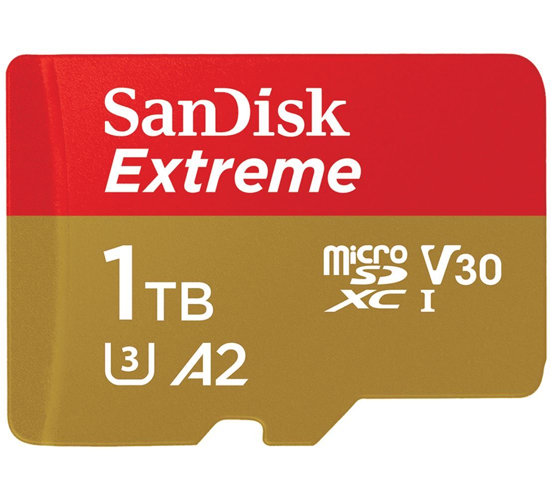 SanDisk 1TB Extreme microSD card with SD adapter, showcasing high-speed performance and durability for action cameras and smartphones.